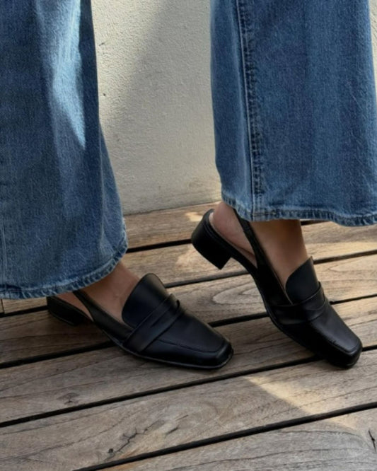 Black Square Toe Slingback Loafers [Pre Order]