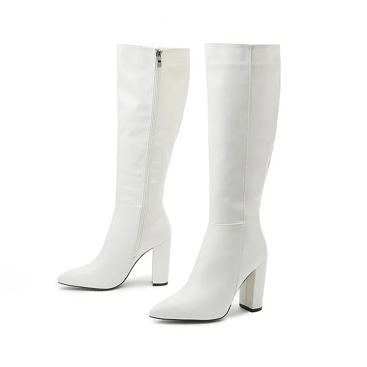 Patchwork Chunky Heel Solid Color Zipper Pointed Toe Knee High Boots