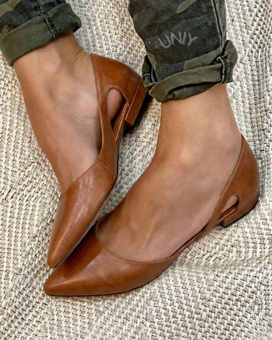 Vintage Brown PU Leather Pointed Toe Cutout Flats [Pre Order]