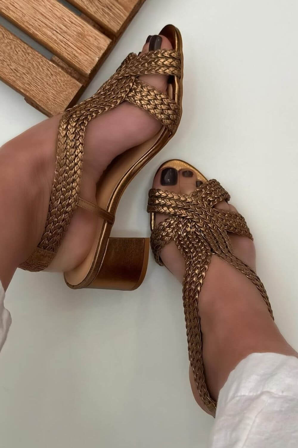 Woven Shimmer Bronze Block Heel Slingback Sandals [Pre Order]