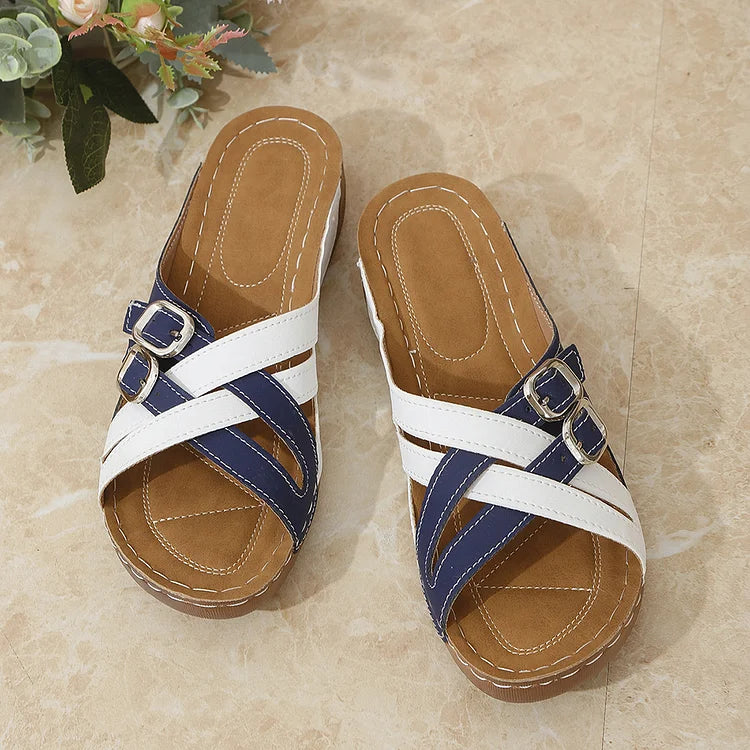 Colorblock Cross Straps Buckles Round Toe Casual Wedge Slippers