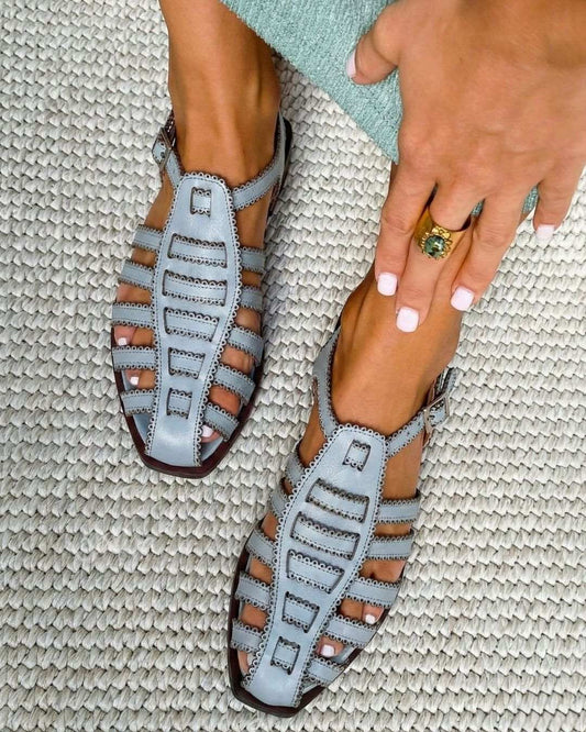 Stylish Blue Woven Strap Square Toe Casual Fisherman Flats [Pre Order]