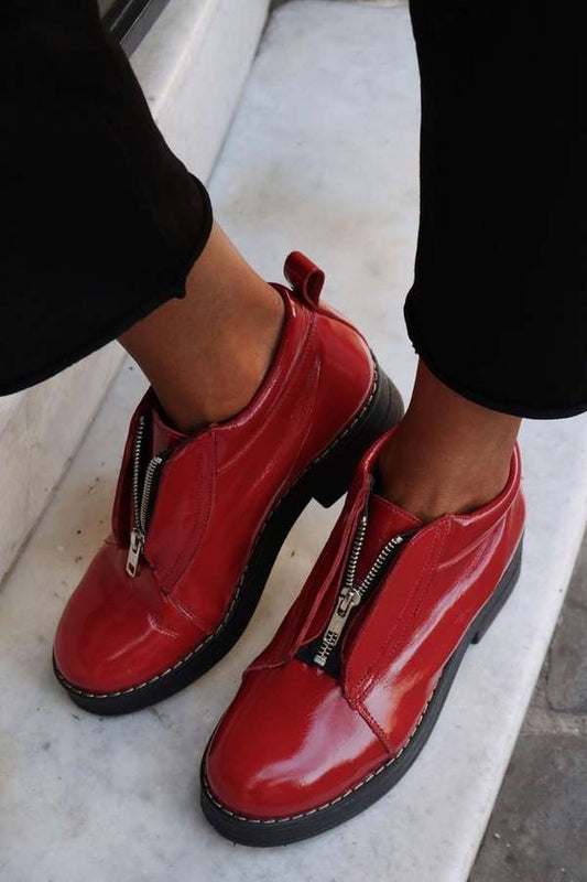 Patent Leather Front Zip Round Toe Flats [Pre Order]