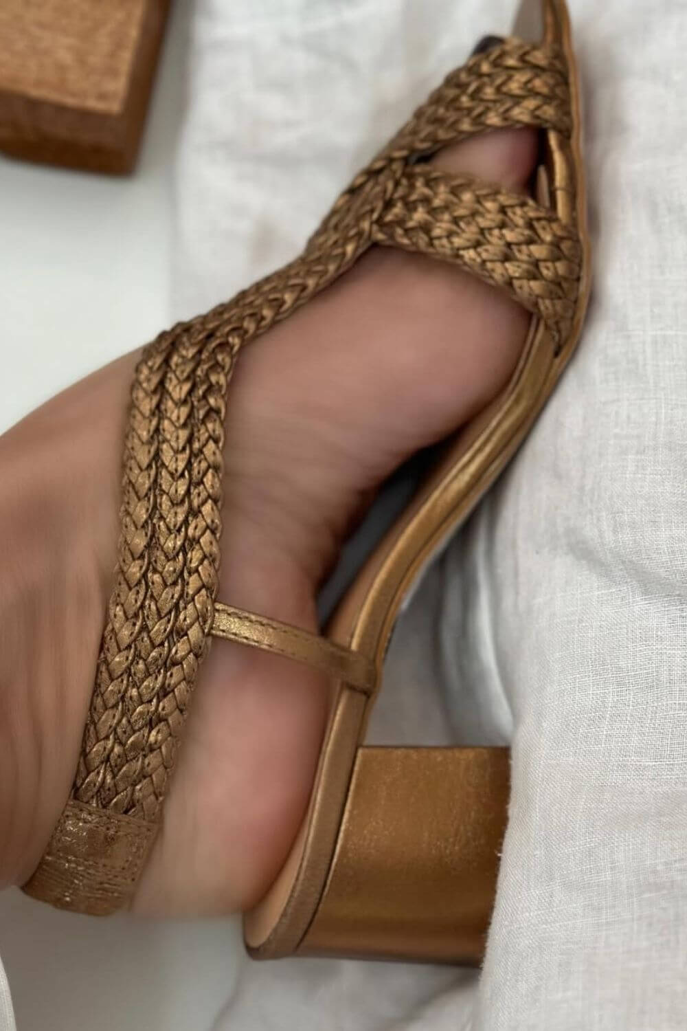Woven Shimmer Bronze Block Heel Slingback Sandals [Pre Order]