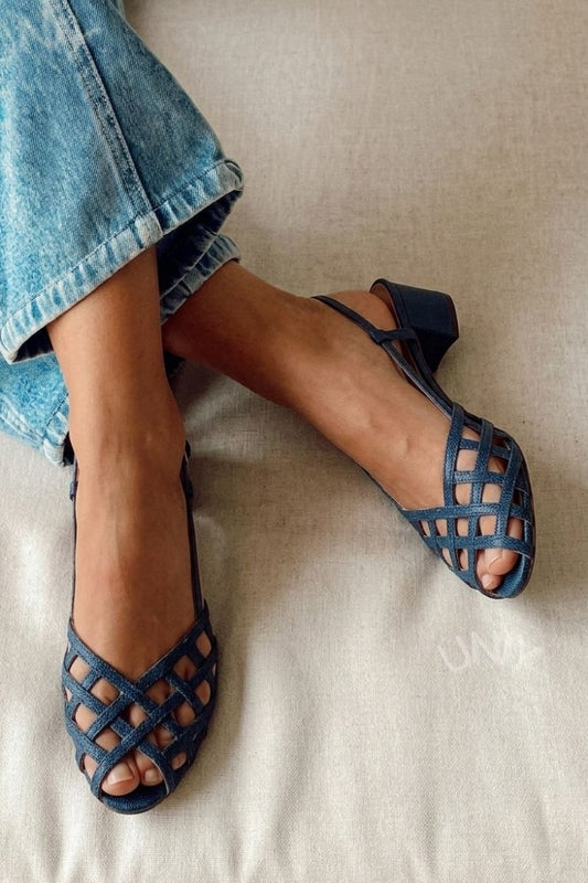 Chic Navy Denim Woven Pattern Peep Toe Block Heels [Pre Order]