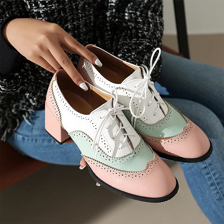 Scarpe Oxford Brogue con Tacco Grosso e Lacci, Punta Rotonda e Patchwork Color Block 