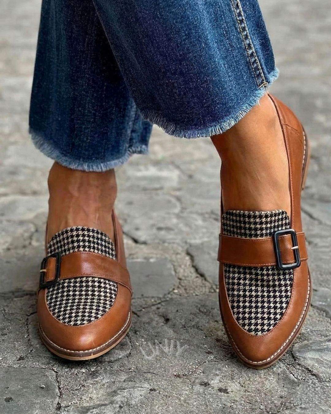 Mocassini casual classici con cinturino pied de poule marrone [Pre-ordine]
