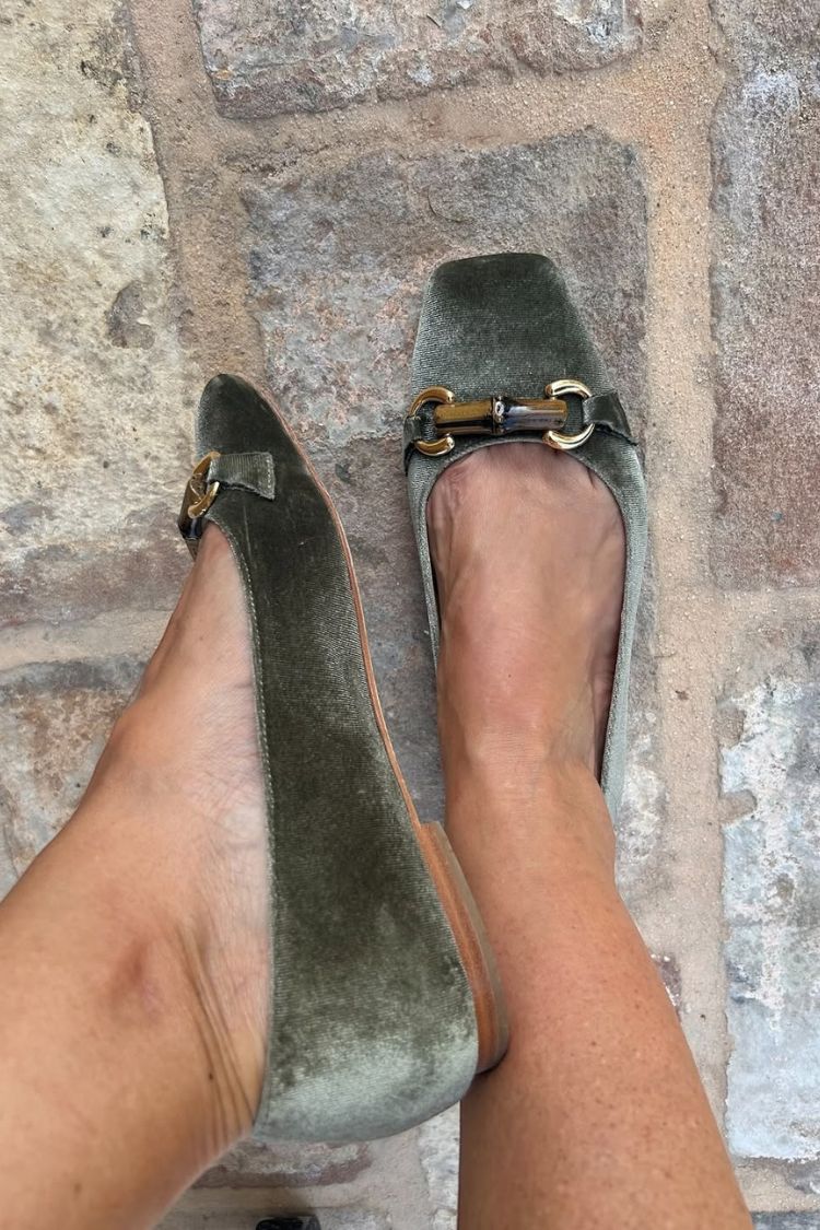 Grüne quadratische Zehen Wildleder Metall Schnalle Flache Schuhe mit niedrigem Schnitt [Vorbestellung]