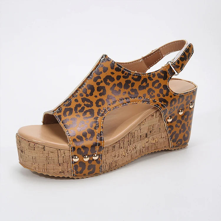 Leopard Print Cut Out Open Toe Metallic Studded Wedge Sandals