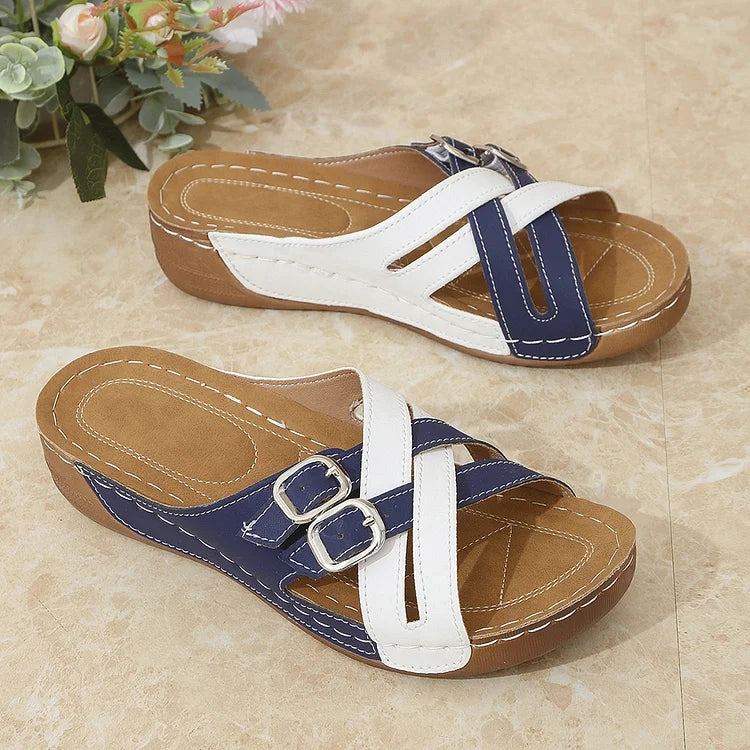 Colorblock Cross Straps Buckles Round Toe Casual Wedge Slippers