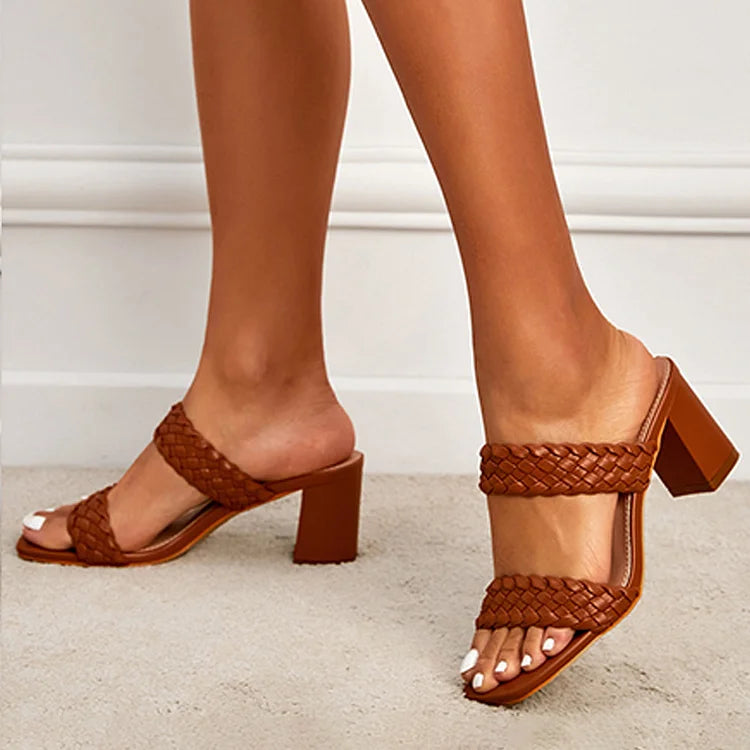 Woven Solid Color Square Toe Casual Sandals Chunky Heels