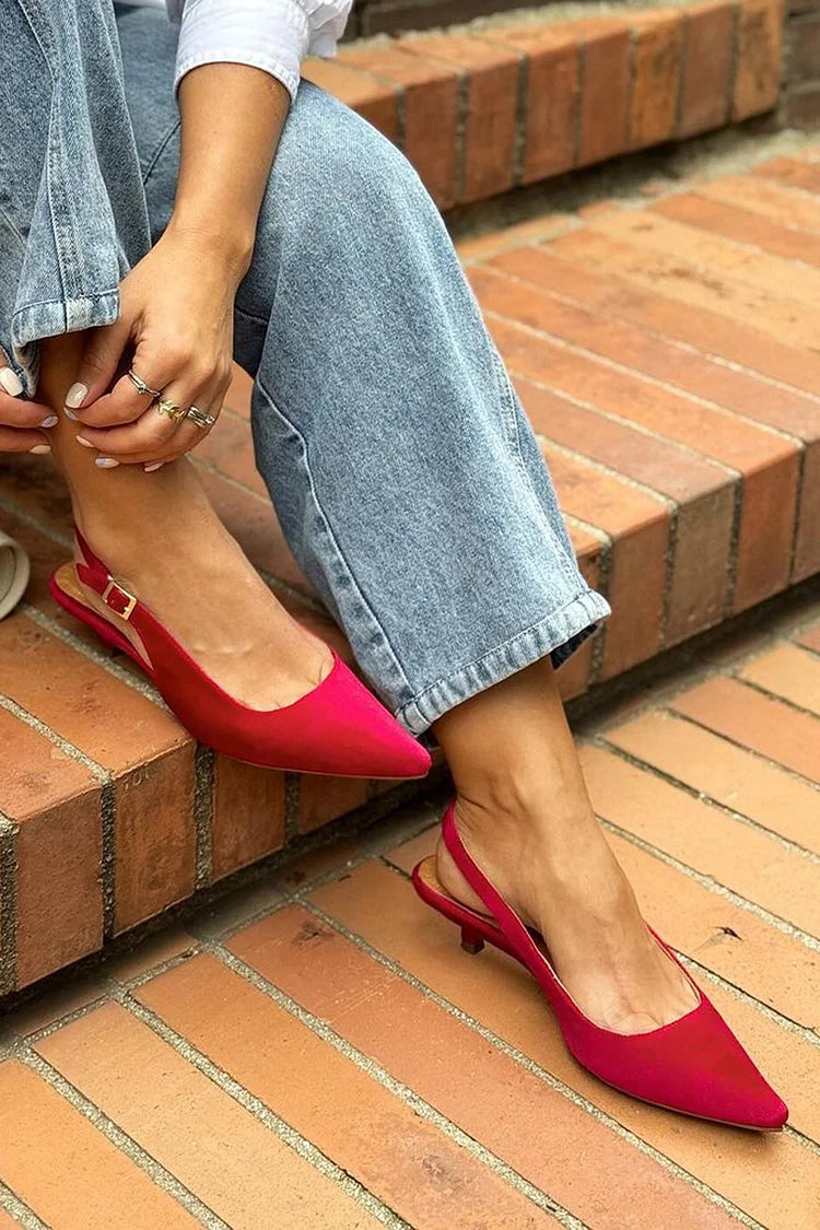 Slingback Strap Buckle Pointy Toe Red Kitten Heels [Pre Order]