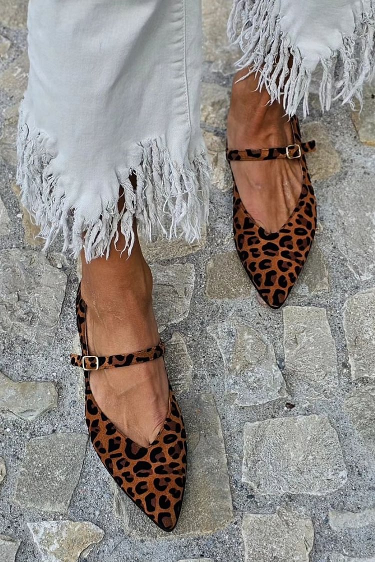 Zapatos planos marrones con punta puntiaguda, hebilla y tira en el empeine con estampado de leopardo [Pedido anticipado] 