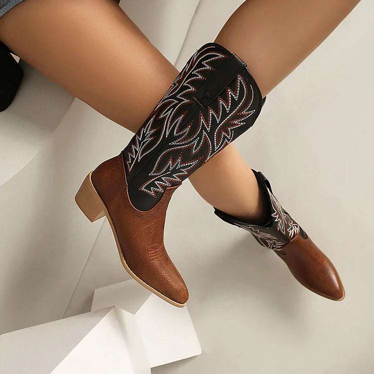 Colorblock Embroidery Pointed Toe Chunky Heel Pull On Mid Boots