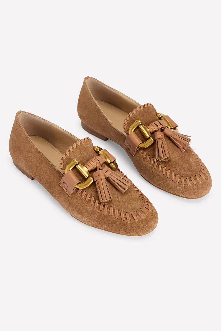 Cholewki z chwostami, ozdobą w kształcie sprzączki Horsebit, przeszycia, brązowe mokasyny [Przedsprzedaż]