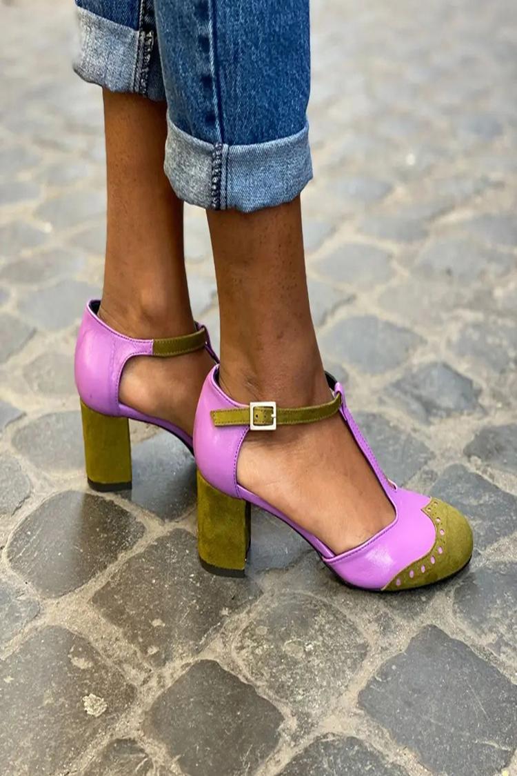 Faux Leather Colorblock Hollow Out Closed Toe Straps Chunky Heels