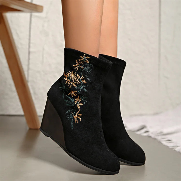 Floral Embroidery Round Toe Wedge Heel Pull On Ankle Boots