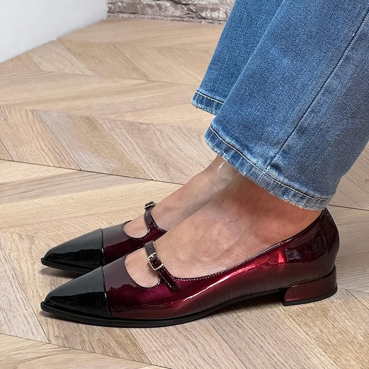 Instep Strap Buckle Patchwork Pointed Toe Burgundy Flats [Pre Order]