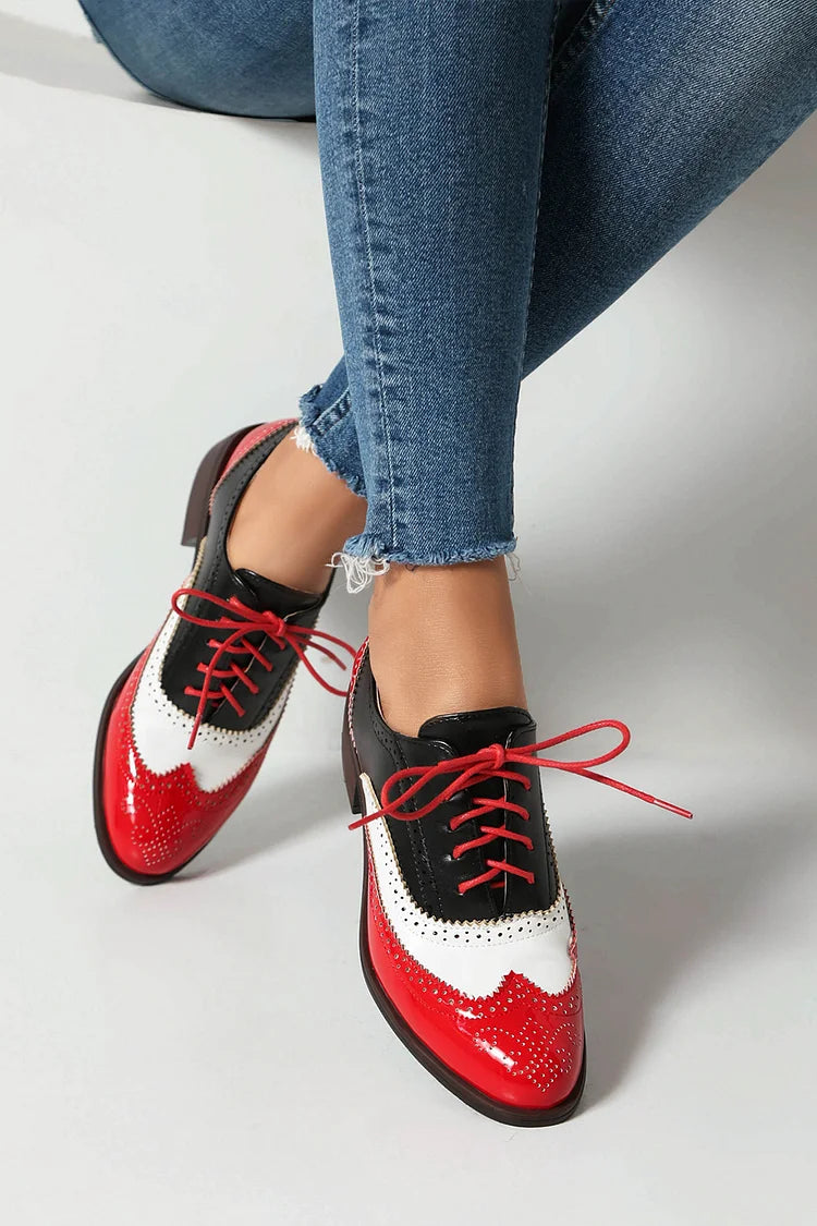 Colorblock Round Toe Low Block Heel Lace Up Brogue Oxfords