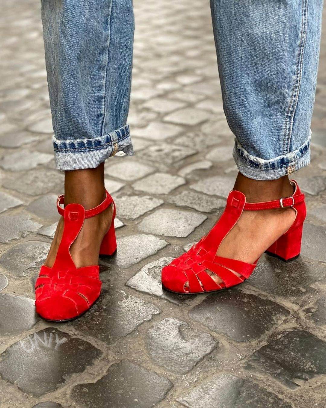 Elegant Red Suede Woven T-Bar Strappy Block Heels [Pre Order]