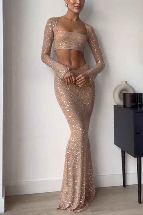 Sheer Embellished Long Sleeves Crop Top and Mermaid Maxi Skirt Set