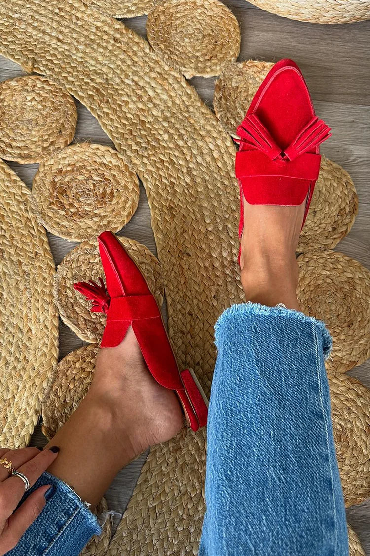 Tassels Decor Pointed Toe Patchwork Red Mules [Pre Order]