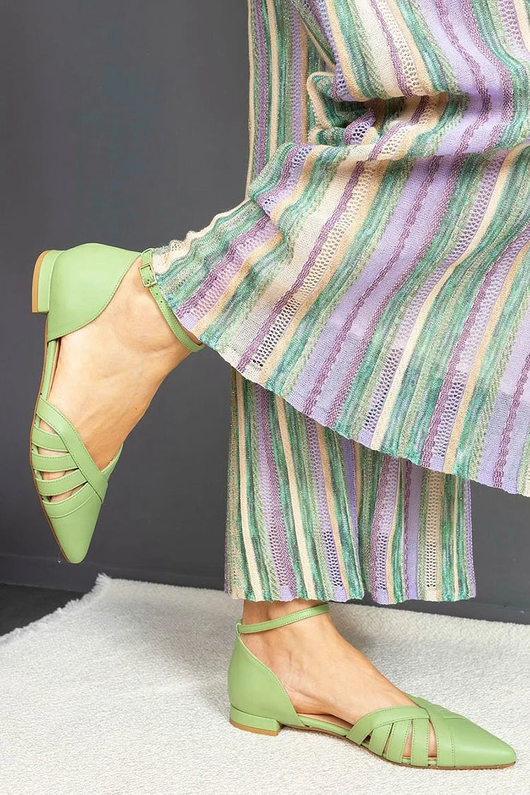 Ankle Strap Buckle Solid Color Pointed Toe Green Flats