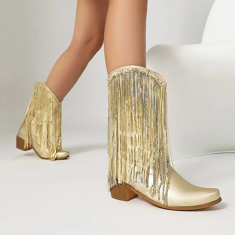 Metallic Sheen Fringed Trim Pointed Toe Chunky Heel Mid Boots