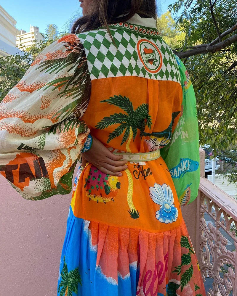 Vestido estampado de manga comprida estilo férias de verão