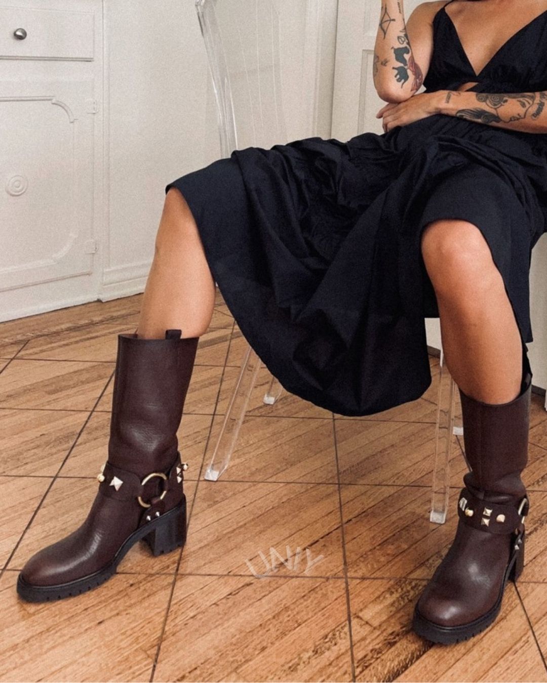 Dark Brown Leather Studded Ring Detail Block Heel Boots [Pre Order]