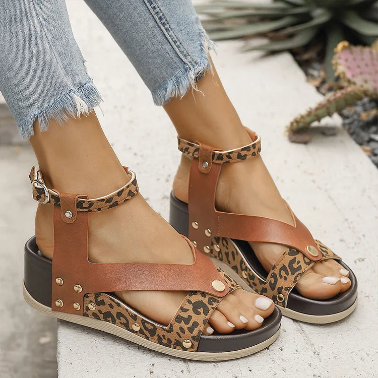Leopard Print Metal Rivets Ankle Strap Buckle Round Toe Wedge Sandals