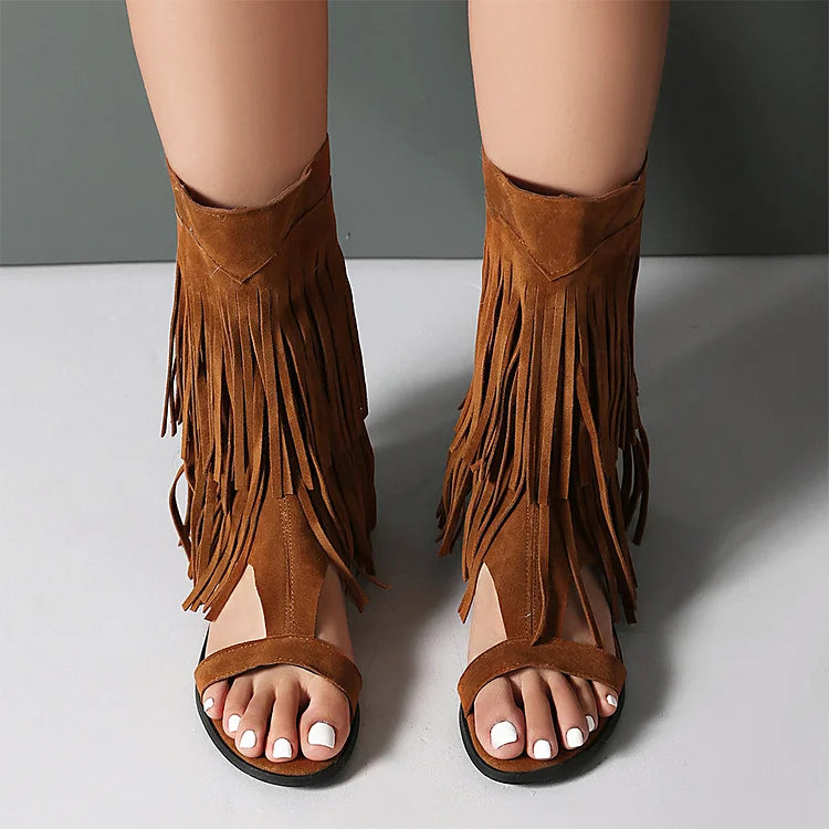 Sandały botki na wysokim obcasie z zamkiem błyskawicznym, odkrytymi palcami, ozdobione frędzlami w jednolitym kolorze