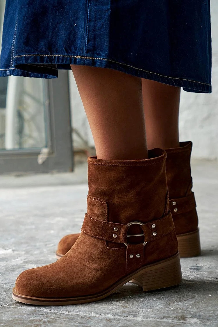 Round Toe O-Ring Strap Chunky Heel Brown Ankle Boots [Pre Order]