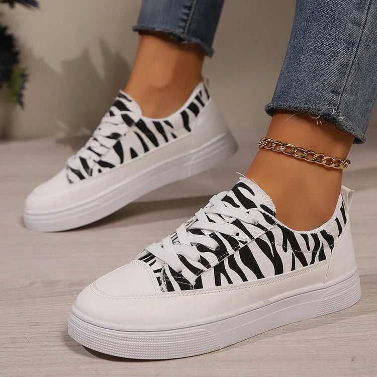 Zebra Print Patchwork Round Toe Casual Lace Up Tênis