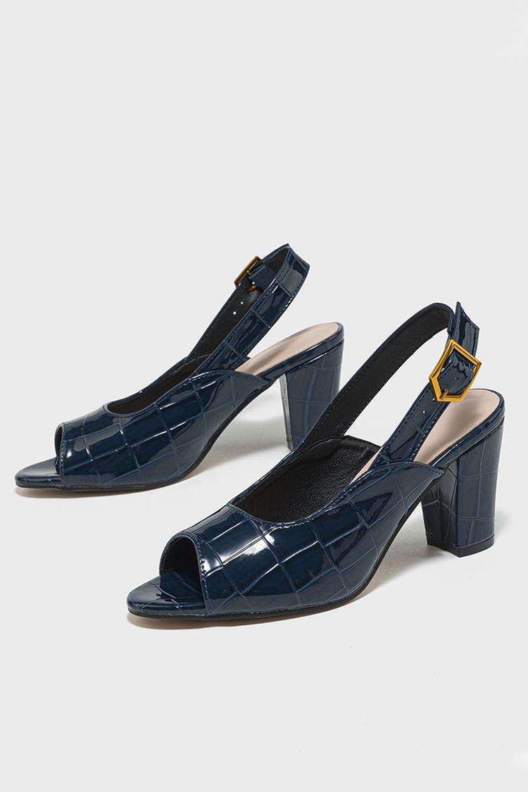 Scarpe con tacco grosso, cinturino con fibbia e stampa coccodrillo con punta aperta