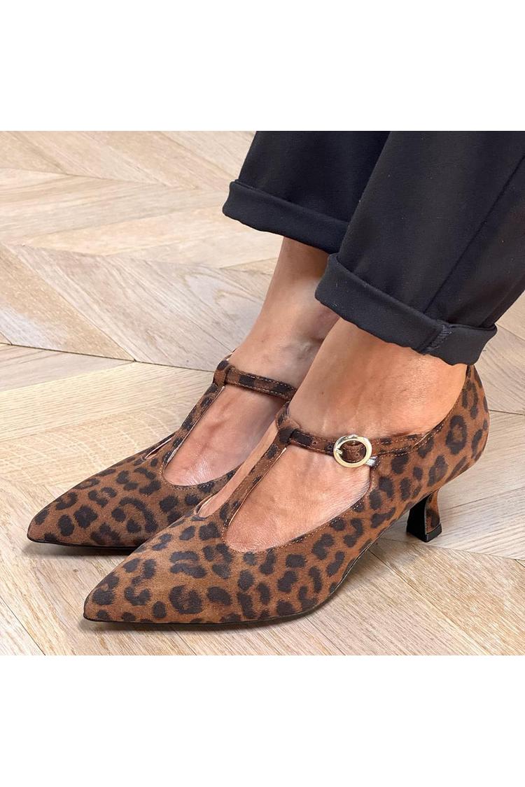 T-Riemen Schnalle Leopardenmuster Spitz zulaufende Zehen Braune Kittenabsätze [Vorbestellung]