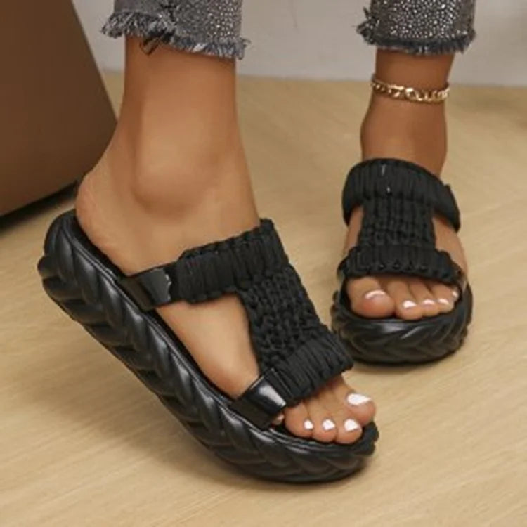 Colorblock Knitted Cutout Open Toe Casual Platform Slippers
