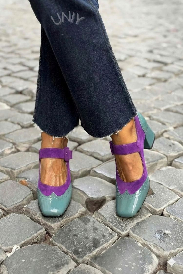 Patchwork Square Toe Instep Strap Buckle Low Heels