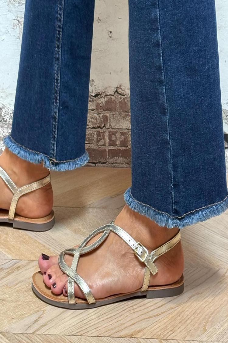 Metallic Sheen Asymmetric Strap Round Toe Gold Sandals [Pre Order]