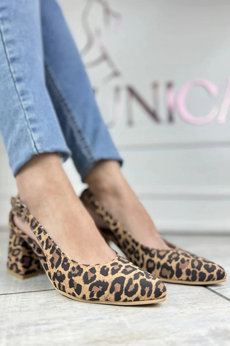 Tacones gruesos color caqui con estampado de leopardo y punta recortada [pedido por adelantado] 