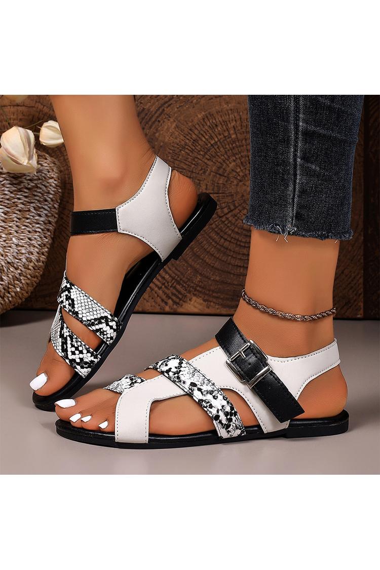 Sandali casual con punta tonda, cinturino alla caviglia, fibbia e stampa serpente color block