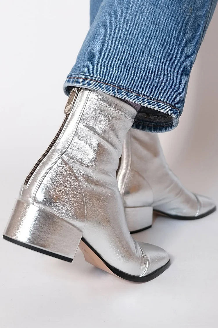 Metallic Sheen Square Toe Low Block Heel Silver Ankle Boots