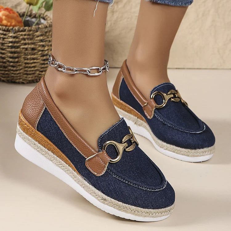 Metal Buckle Decor Patchwork Round Toe Wedge Heel Loafers