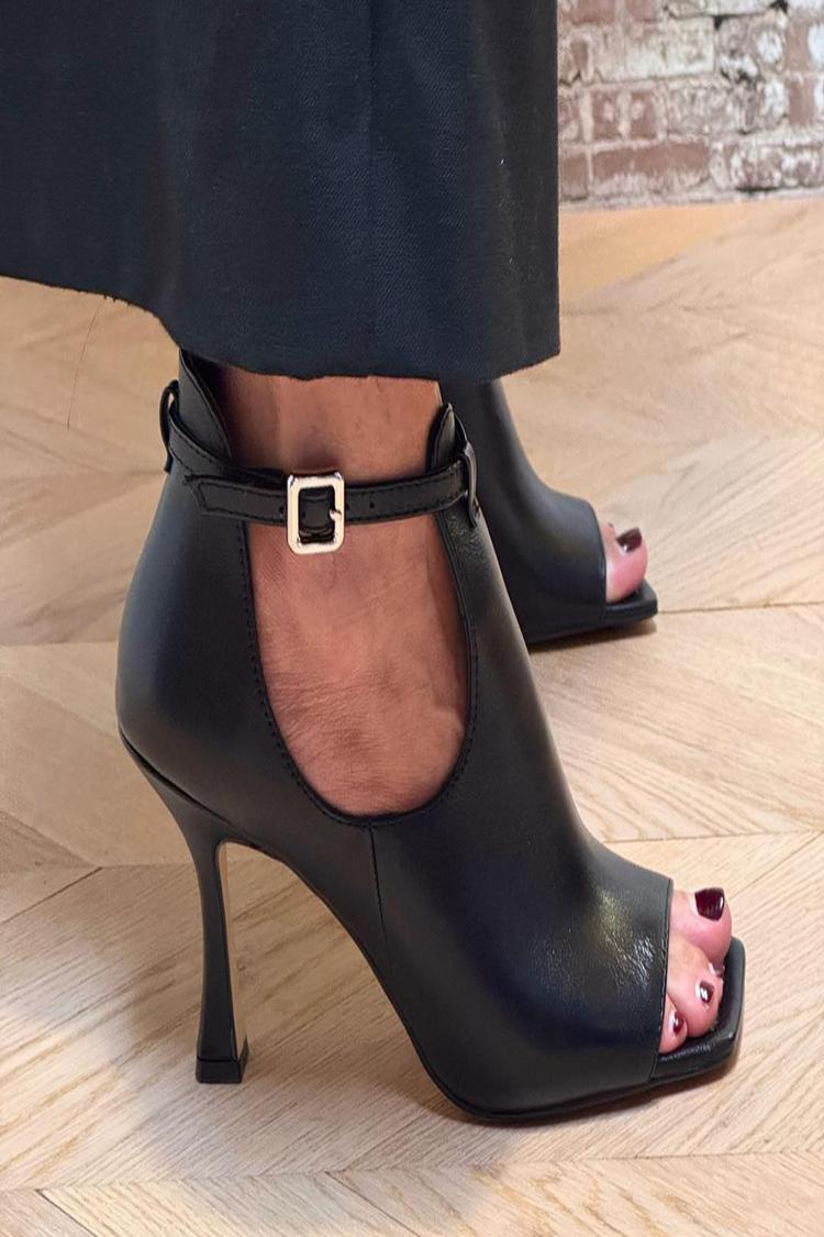 Scarpe con tacco a spillo nere, punta quadrata, fibbia e cinturino alla caviglia [Pre-ordine] 