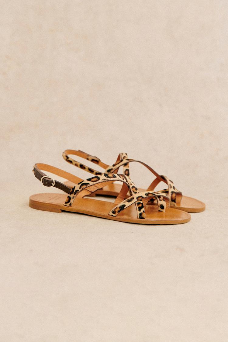Sandali color cachi con punta tonda e cinturino incrociato con stampa leopardata [Pre-ordine] 