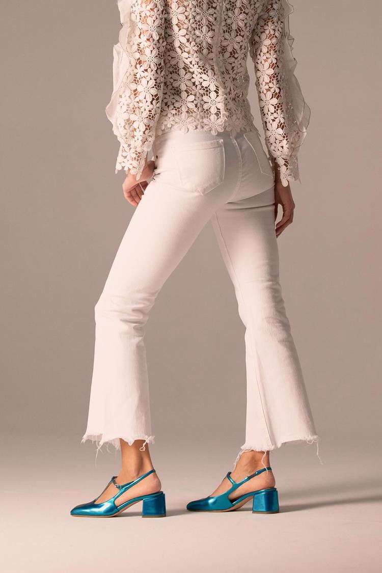 T-Strap Buckle Square Toe Slingback Blue Chunky Heels [Pre Order]