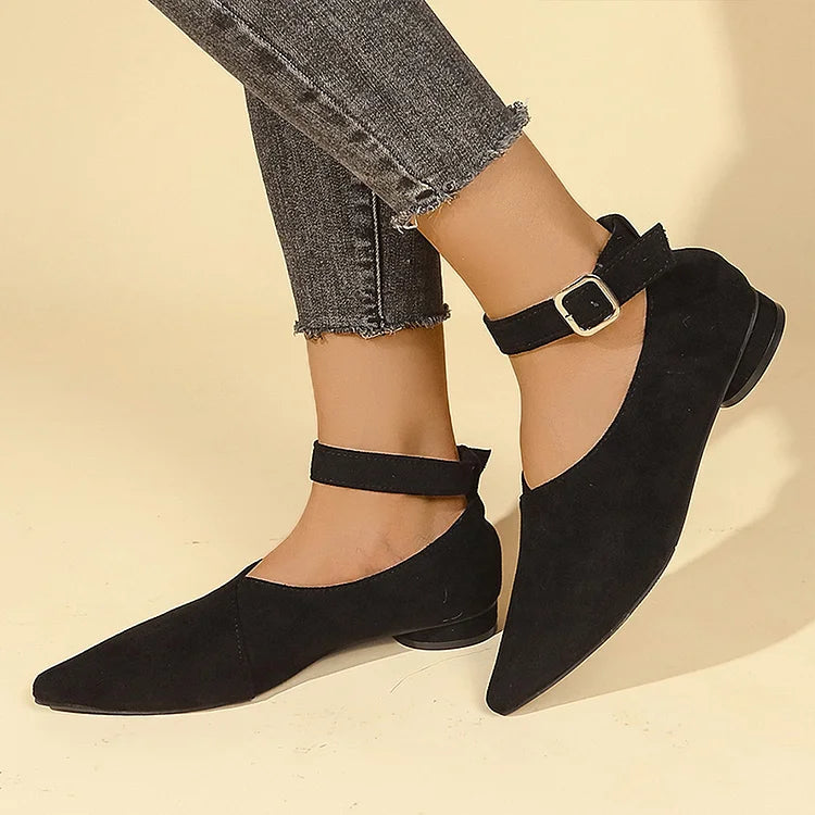 Solid Color Patchwork Pointed Toe Ankle Strap Buckle Flats