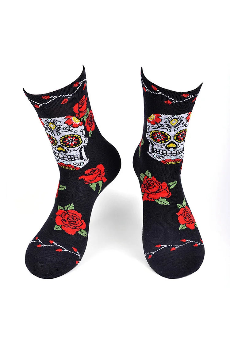 Calcetines de media pantorrilla con estampado de calavera y esqueleto de rosas para Halloween 