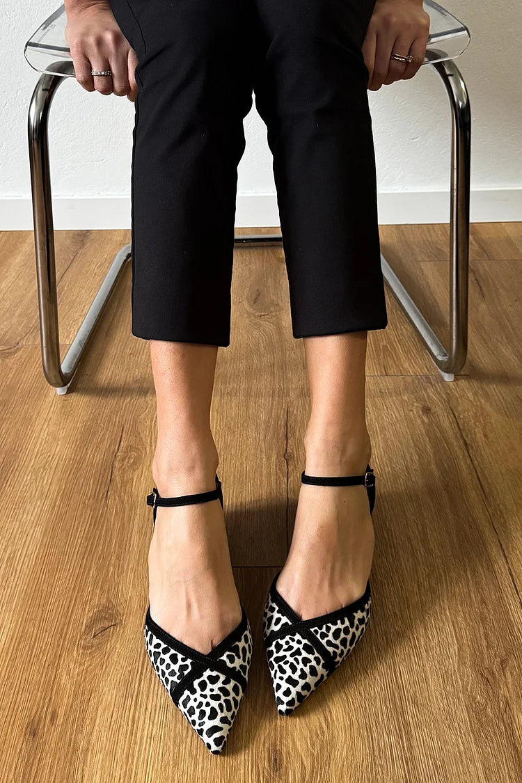 Cow Pattern Ankle Strap Buckle Pointed Toe White Flats [Pre Order]