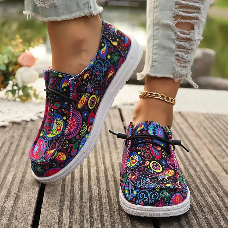 Multicolor Tribal Print Round Toe Lace Up Canvas Sneakers